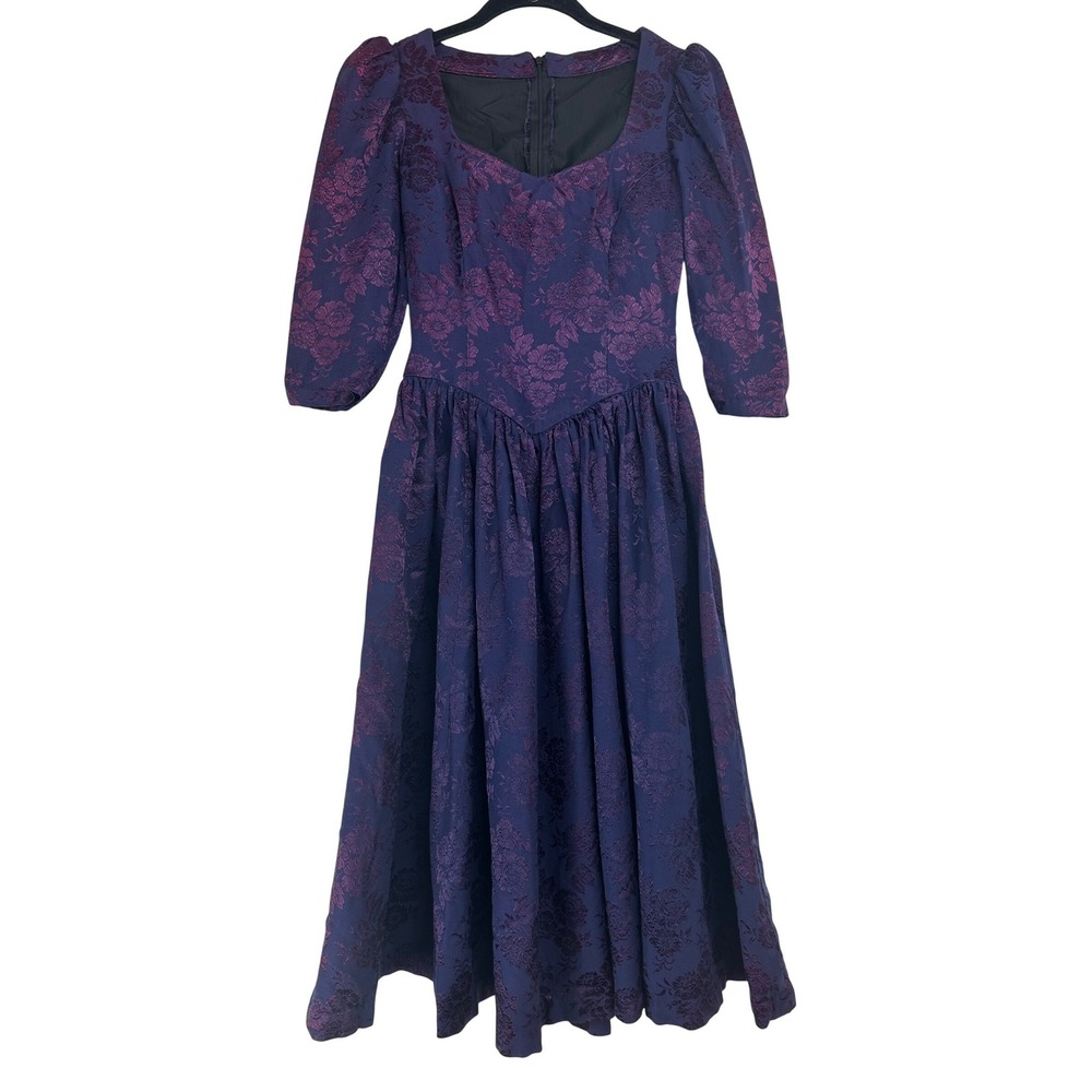 Vintage Floral Brocade Midi Dress Purple Whimsygoth Fairy Dark Academia Vamp XS